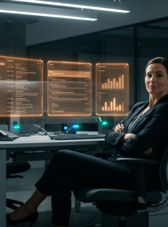 A professional woman watches as neon orange holographic AI screens manage her schedule autonomously in a tech-noir office environment