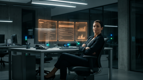 A professional woman watches as neon orange holographic AI screens manage her schedule autonomously in a tech-noir office environment