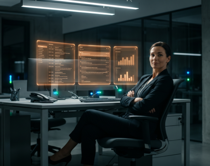 A professional woman watches as neon orange holographic AI screens manage her schedule autonomously in a tech-noir office environment