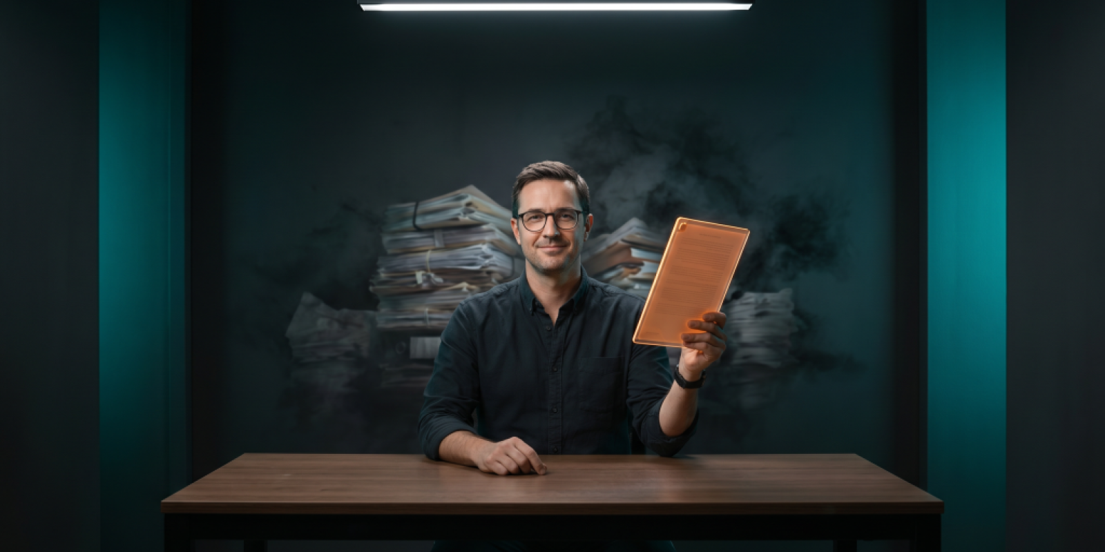 A small business owner holds a glowing neon orange document as heavy AI compliance paperwork dissolves away in a dramatic tech-noir setting