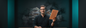 A small business owner holds a glowing neon orange document as heavy AI compliance paperwork dissolves away in a dramatic tech-noir setting
