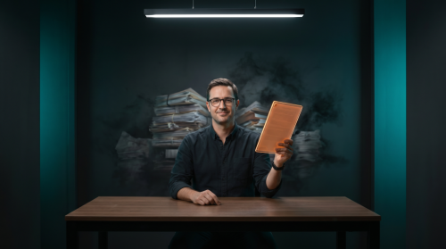 A small business owner holds a glowing neon orange document as heavy AI compliance paperwork dissolves away in a dramatic tech-noir setting