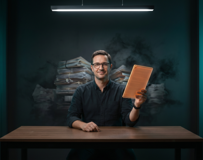 A small business owner holds a glowing neon orange document as heavy AI compliance paperwork dissolves away in a dramatic tech-noir setting