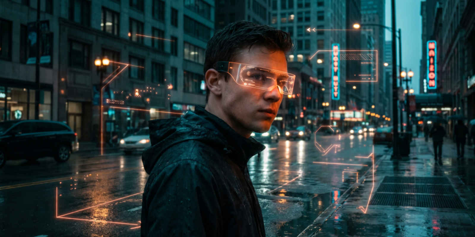 A man on a rain-slicked cyberpunk street wears AR glasses projecting neon orange holographic overlays on city buildings around him
