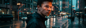 A man on a rain-slicked cyberpunk street wears AR glasses projecting neon orange holographic overlays on city buildings around him