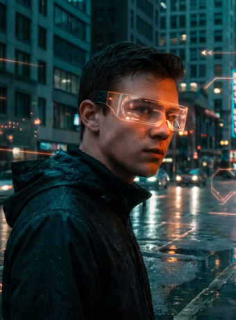 A man on a rain-slicked cyberpunk street wears AR glasses projecting neon orange holographic overlays on city buildings around him