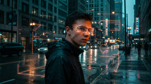 A man on a rain-slicked cyberpunk street wears AR glasses projecting neon orange holographic overlays on city buildings around him