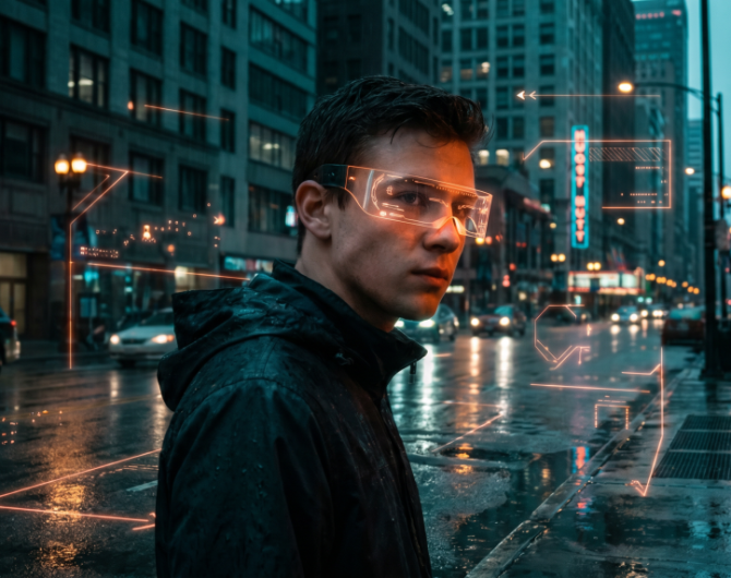 A man on a rain-slicked cyberpunk street wears AR glasses projecting neon orange holographic overlays on city buildings around him