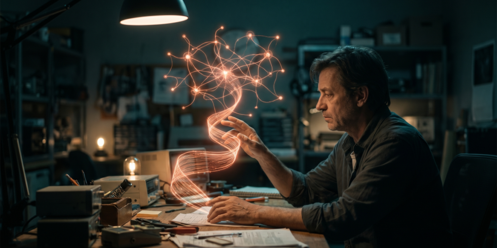 A small business owner reaching toward a glowing orange holographic memory constellation above a desk at night, symbolizing ChatGPT's new persistent memory upgrade