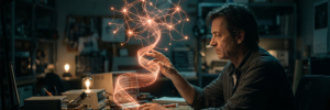A small business owner reaching toward a glowing orange holographic memory constellation above a desk at night, symbolizing ChatGPT's new persistent memory upgrade