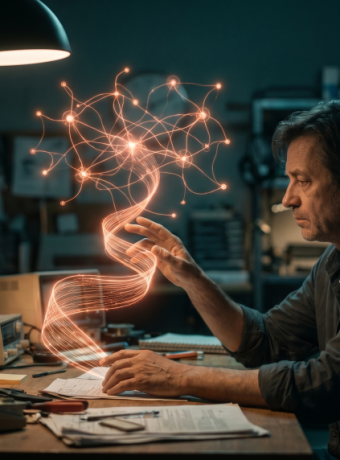 A small business owner reaching toward a glowing orange holographic memory constellation above a desk at night, symbolizing ChatGPT's new persistent memory upgrade