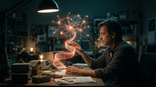 A small business owner reaching toward a glowing orange holographic memory constellation above a desk at night, symbolizing ChatGPT's new persistent memory upgrade
