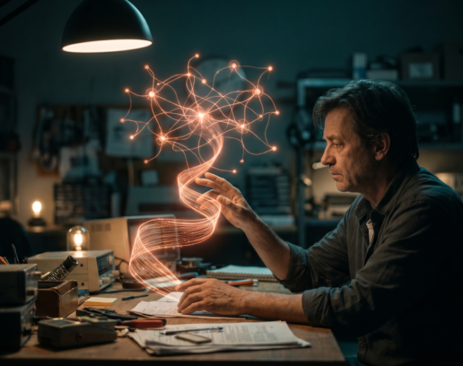 A small business owner reaching toward a glowing orange holographic memory constellation above a desk at night, symbolizing ChatGPT's new persistent memory upgrade