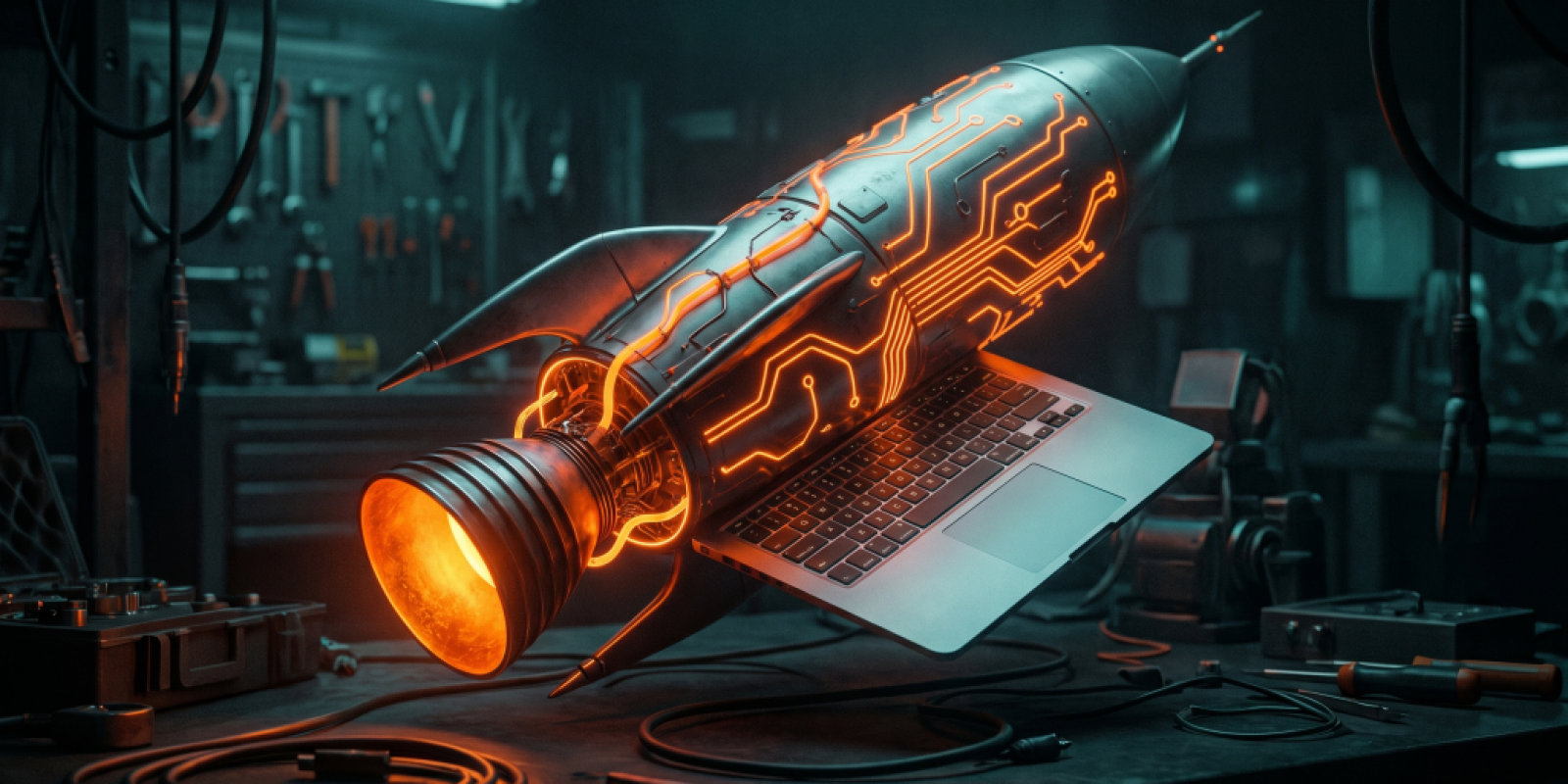 Rocket engine bell glowing with neon orange circuit lines, a metaphor for SpaceX's $60 billion acquisition of AI coding tool Cursor