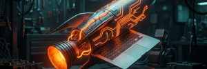 Rocket engine bell glowing with neon orange circuit lines, a metaphor for SpaceX's $60 billion acquisition of AI coding tool Cursor