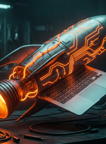 Rocket engine bell glowing with neon orange circuit lines, a metaphor for SpaceX's $60 billion acquisition of AI coding tool Cursor