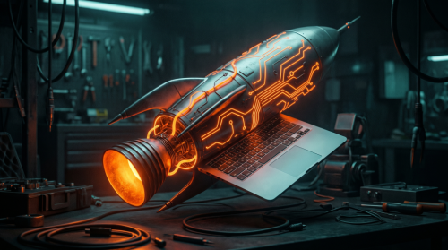 Rocket engine bell glowing with neon orange circuit lines, a metaphor for SpaceX's $60 billion acquisition of AI coding tool Cursor