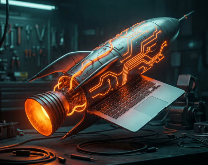 Rocket engine bell glowing with neon orange circuit lines, a metaphor for SpaceX's $60 billion acquisition of AI coding tool Cursor