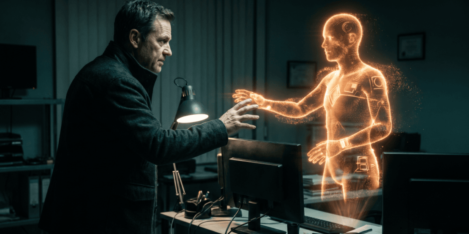 Futuristic AI hologram of a human body in a high-tech lab setting.