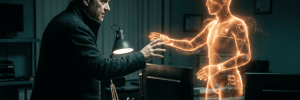 Futuristic AI hologram of a human body in a high-tech lab setting.