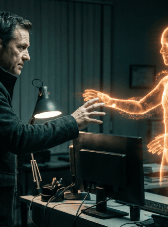 Futuristic AI hologram of a human body in a high-tech lab setting.