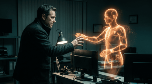 Futuristic AI hologram of a human body in a high-tech lab setting.