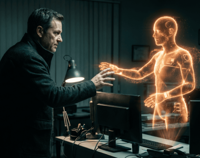 Futuristic AI hologram of a human body in a high-tech lab setting.