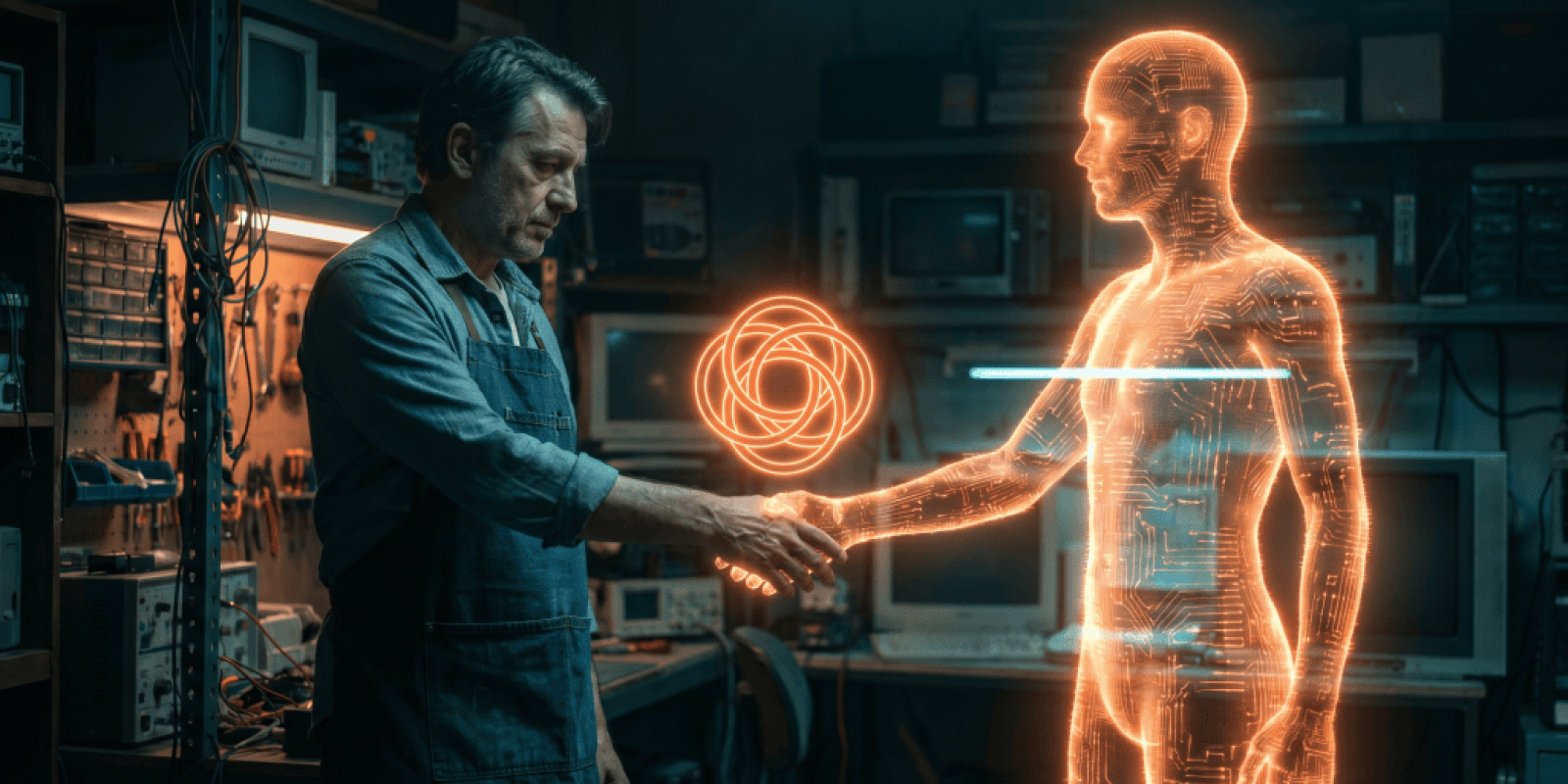 Engineer shaking hands with a holographic human figure in a high-tech lab.