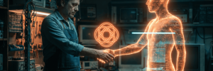 Engineer shaking hands with a holographic human figure in a high-tech lab.