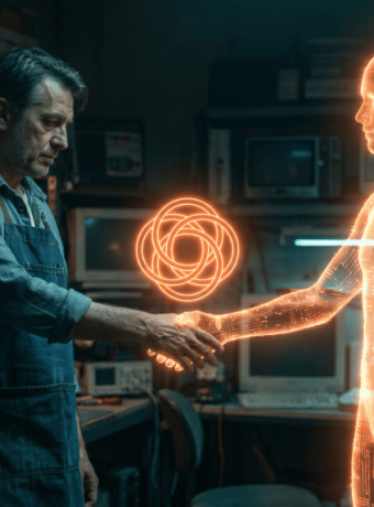Engineer shaking hands with a holographic human figure in a high-tech lab.