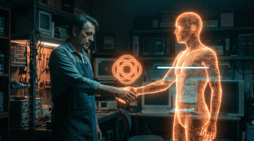 Engineer shaking hands with a holographic human figure in a high-tech lab.