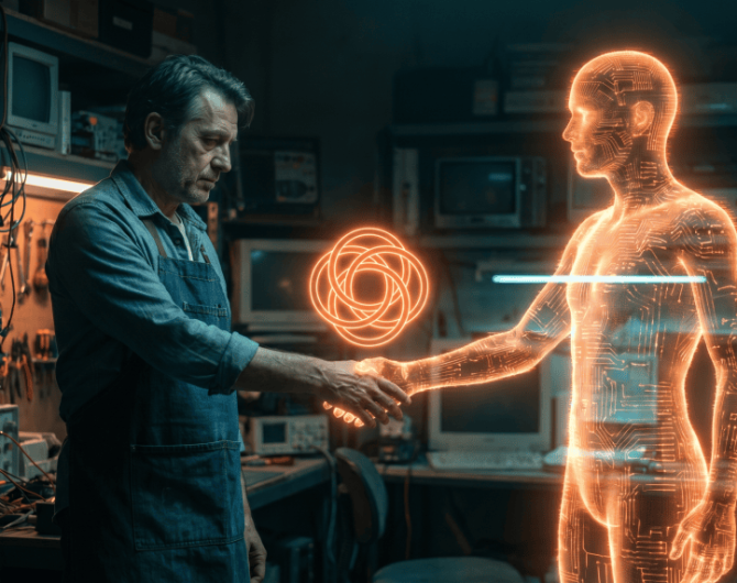 Engineer shaking hands with a holographic human figure in a high-tech lab.