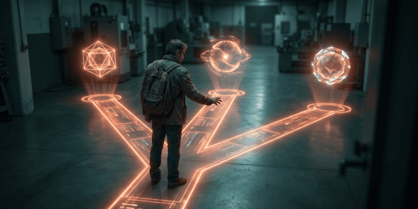 Person interacting with holographic AI and blockchain icons in a high-tech environment.
