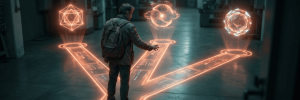 Person interacting with holographic AI and blockchain icons in a high-tech environment.