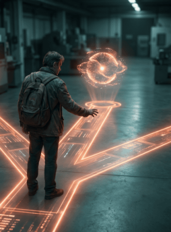 Person interacting with holographic AI and blockchain icons in a high-tech environment.
