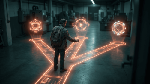 Person interacting with holographic AI and blockchain icons in a high-tech environment.