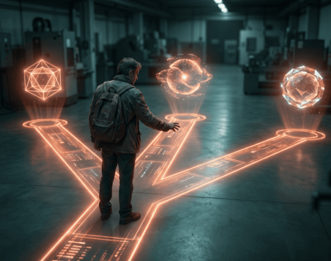 Person interacting with holographic AI and blockchain icons in a high-tech environment.