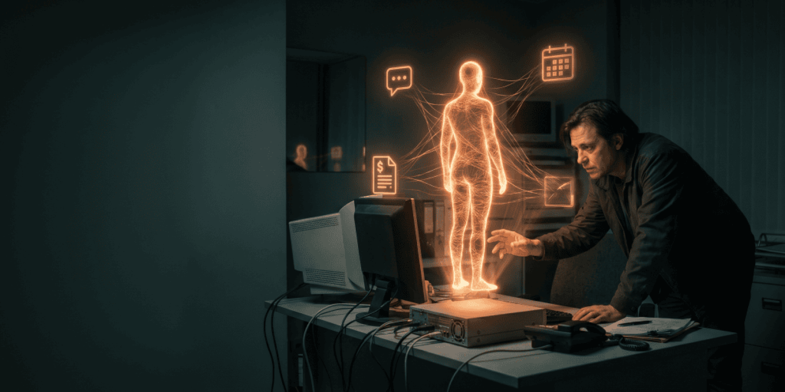 Futuristic hologram of a human figure with AI icons in a dark office setting.
