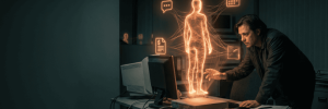 Futuristic hologram of a human figure with AI icons in a dark office setting.