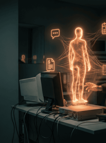 Futuristic hologram of a human figure with AI icons in a dark office setting.