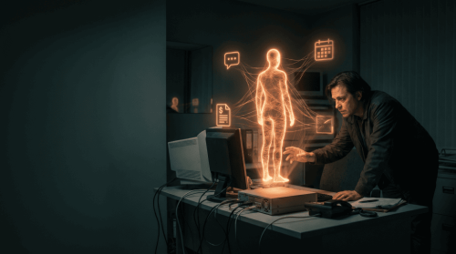 Futuristic hologram of a human figure with AI icons in a dark office setting.