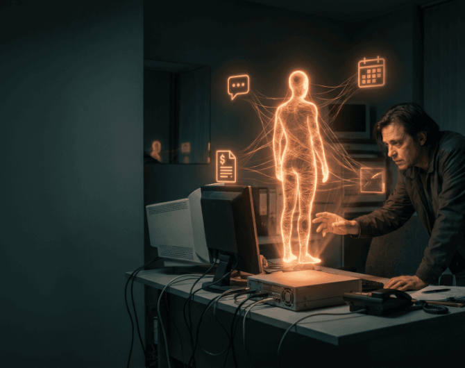 Futuristic hologram of a human figure with AI icons in a dark office setting.