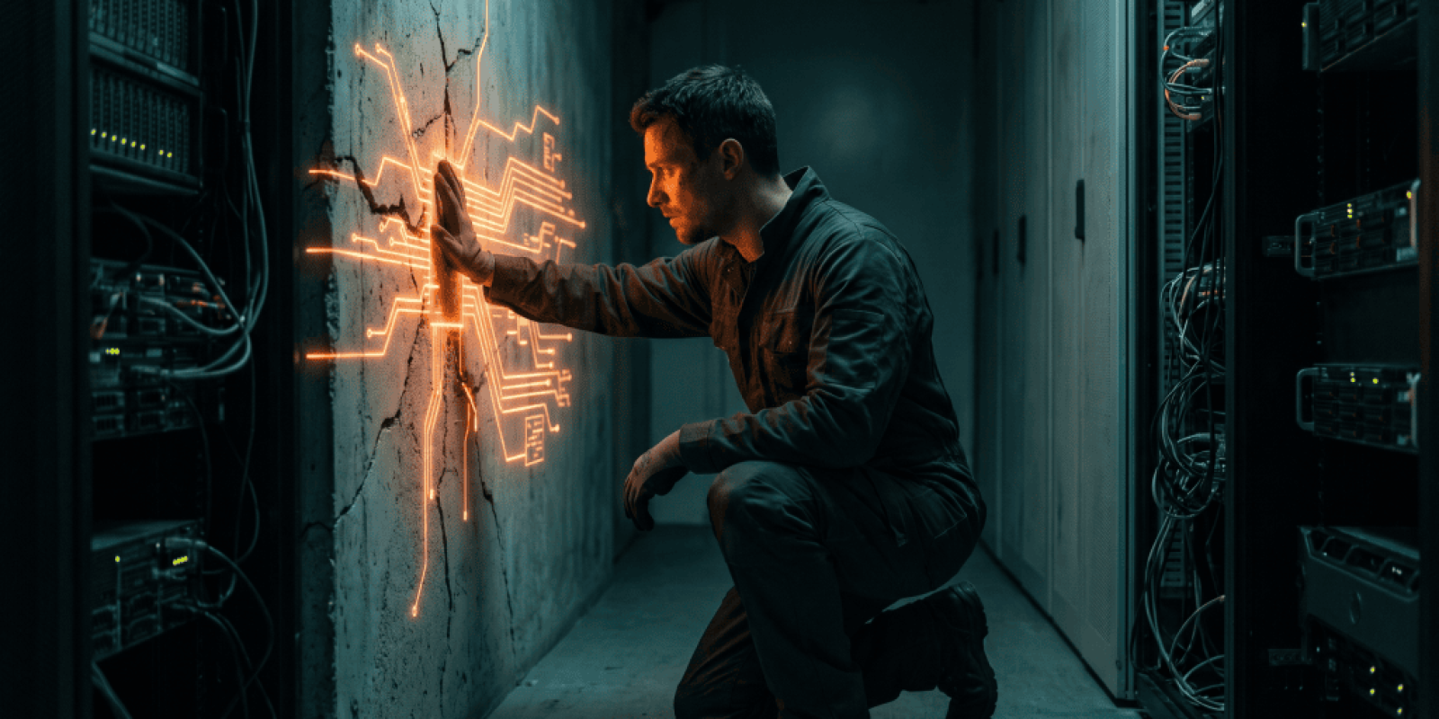 Technician working on server rack with digital interface and electrical sparks.