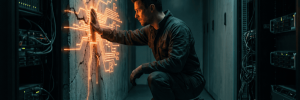 Technician working on server rack with digital interface and electrical sparks.