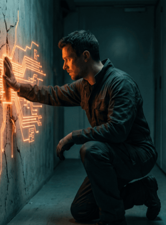 Technician working on server rack with digital interface and electrical sparks.