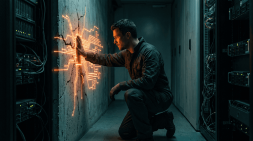 Technician working on server rack with digital interface and electrical sparks.