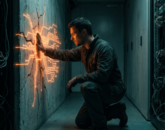 Technician working on server rack with digital interface and electrical sparks.