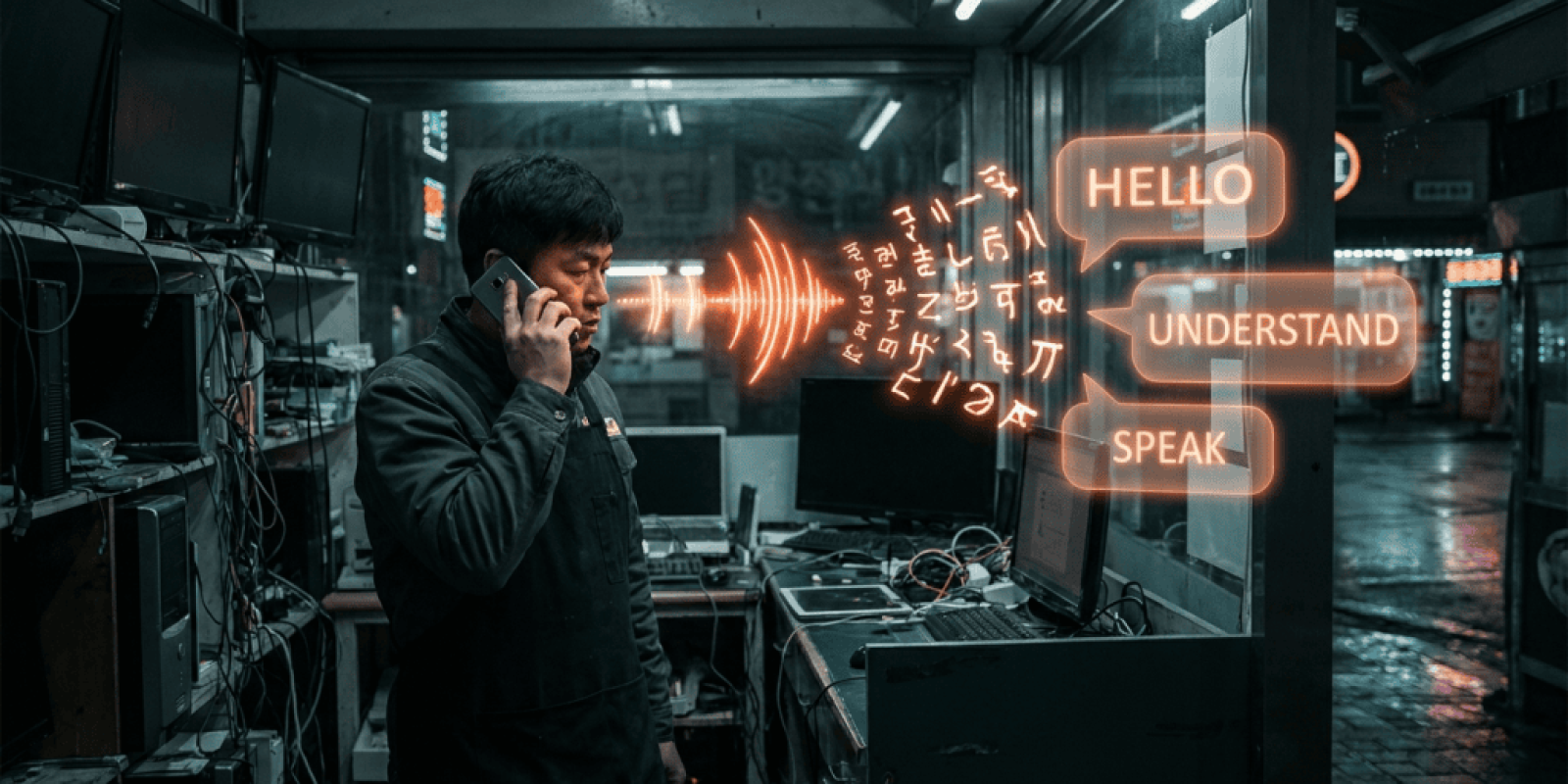 Man using a phone with AI speech bubbles in a high-tech office.