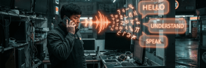 Man using a phone with AI speech bubbles in a high-tech office.