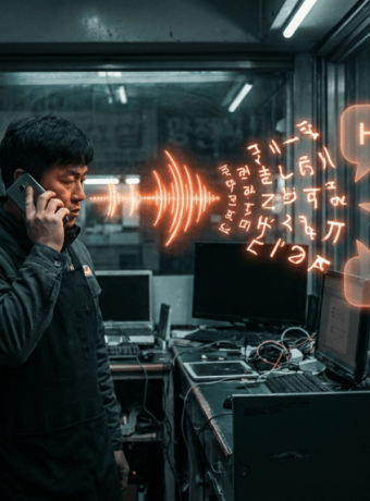 Man using a phone with AI speech bubbles in a high-tech office.